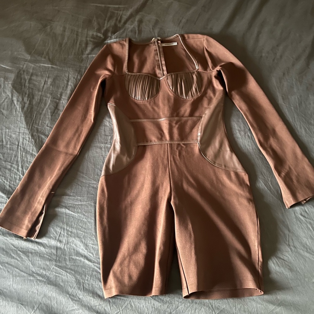 Maniere De Voir Pleated Vegan Leather & Bandage Playsuit - Brown - Picture 3 of 5
